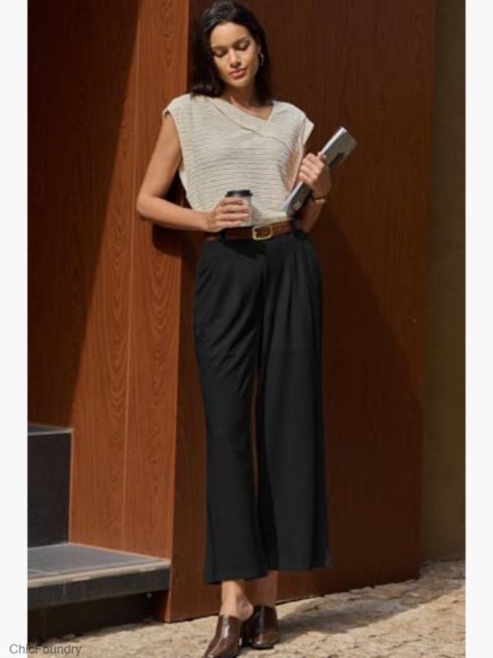 Wide Leg Palazzo Pants High Waisted Waffle Knit Work Trousers Pockets - Picture 3 of 7